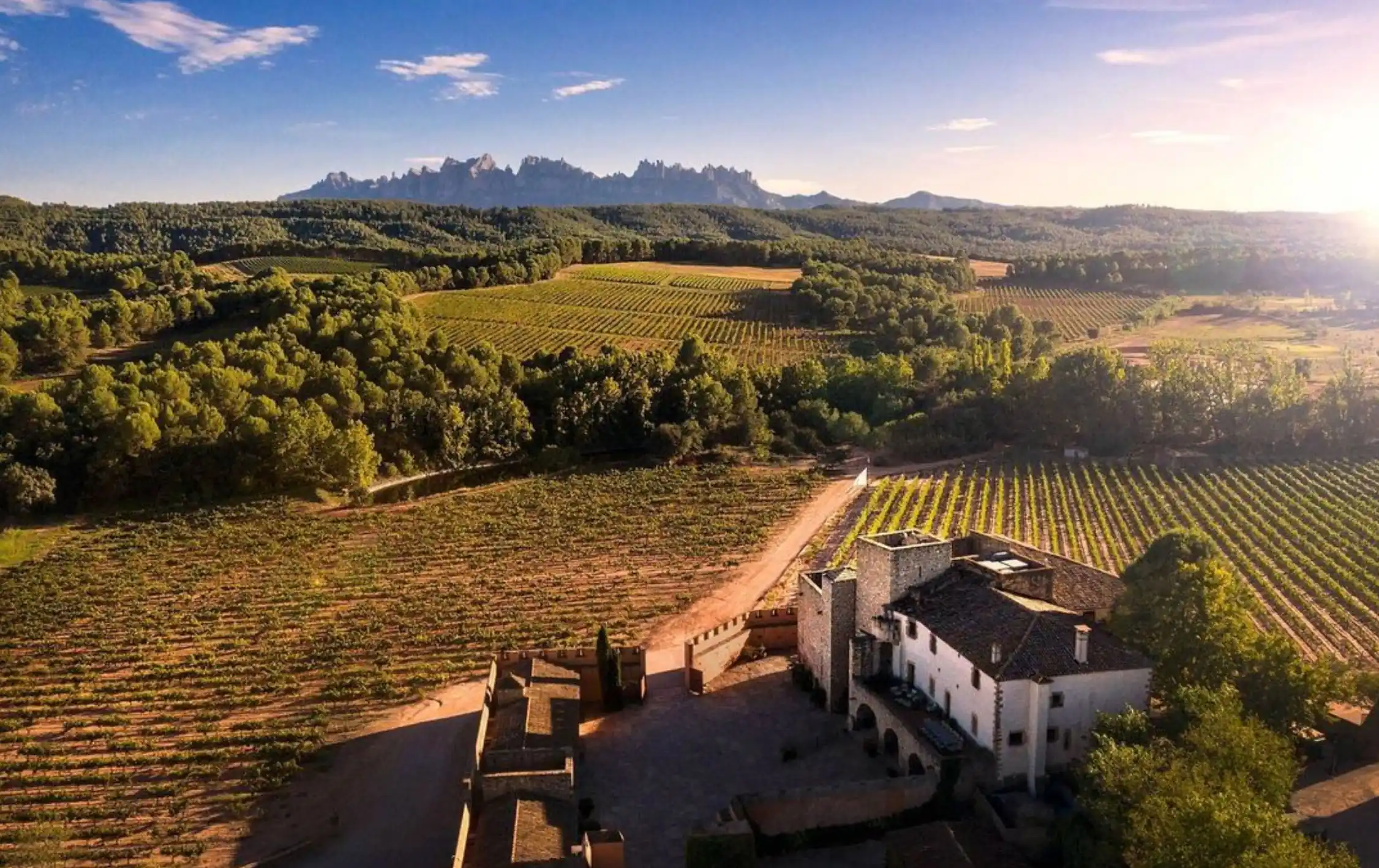 Vista aèria de la finca L'Oller del Màs amb Montserrat, a 5 min de Manresa